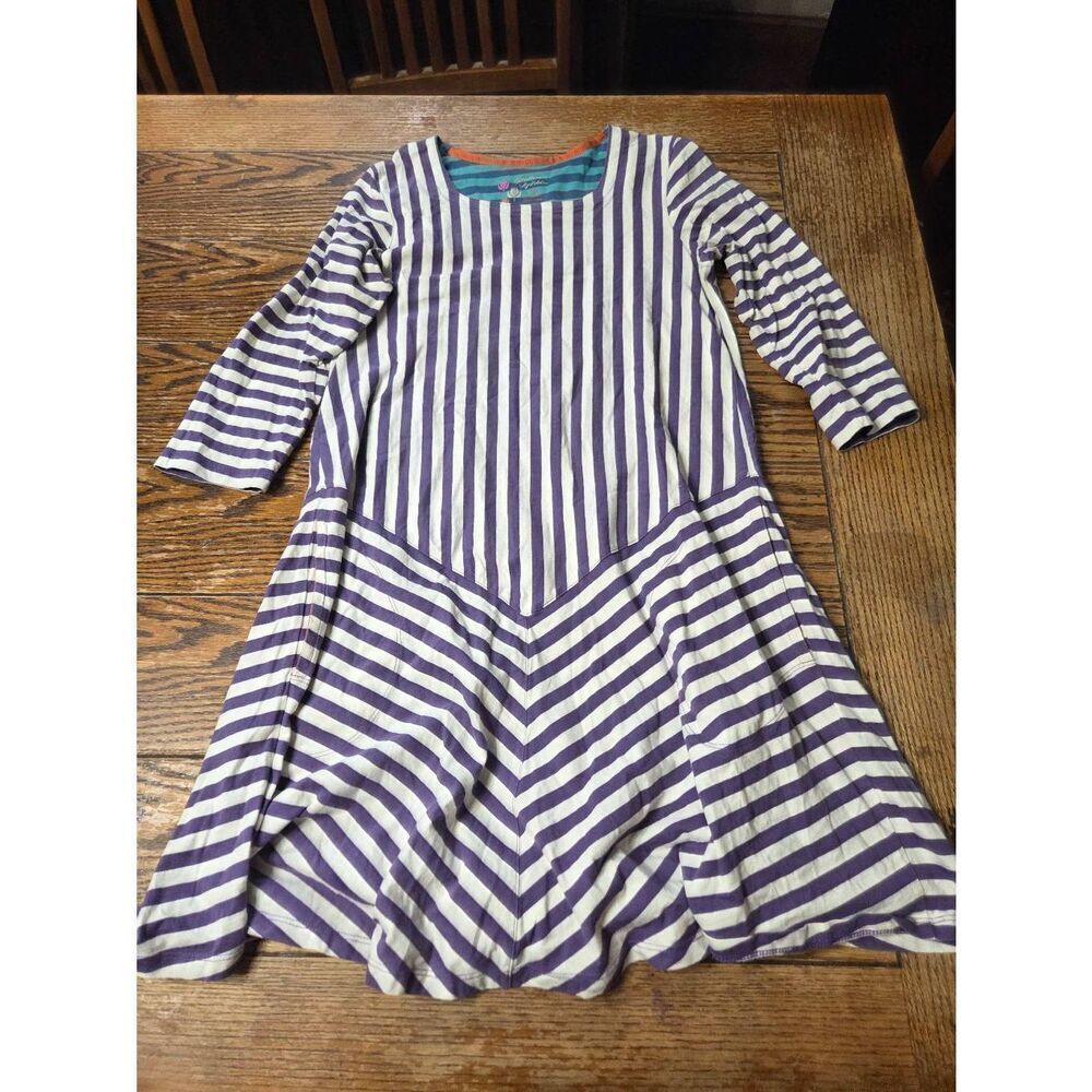 GUDRUN SJODEN Organic Cotton Striped Cream Purple Dress, Size Small